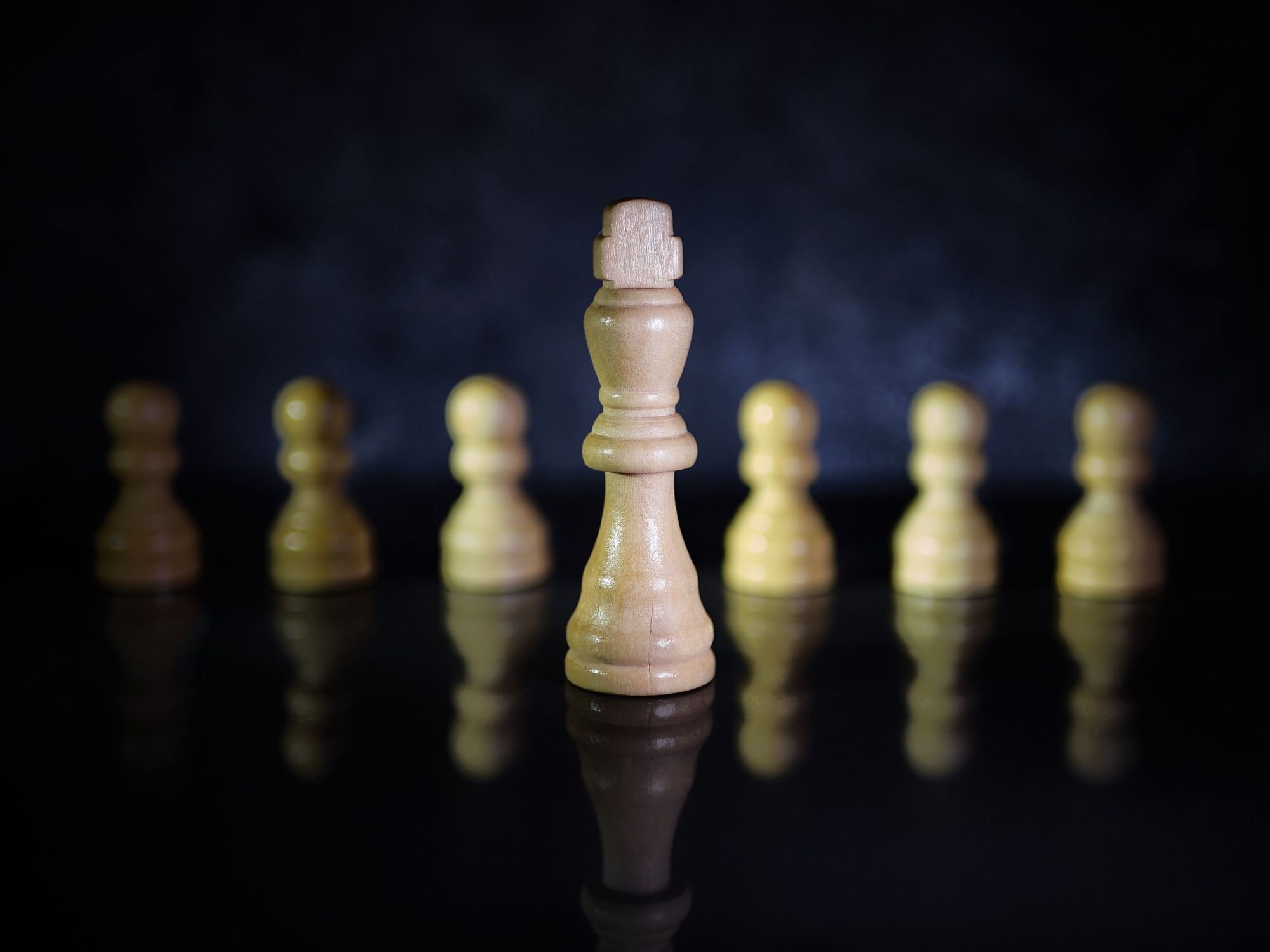 A chess king standing ahead of a row of pawns