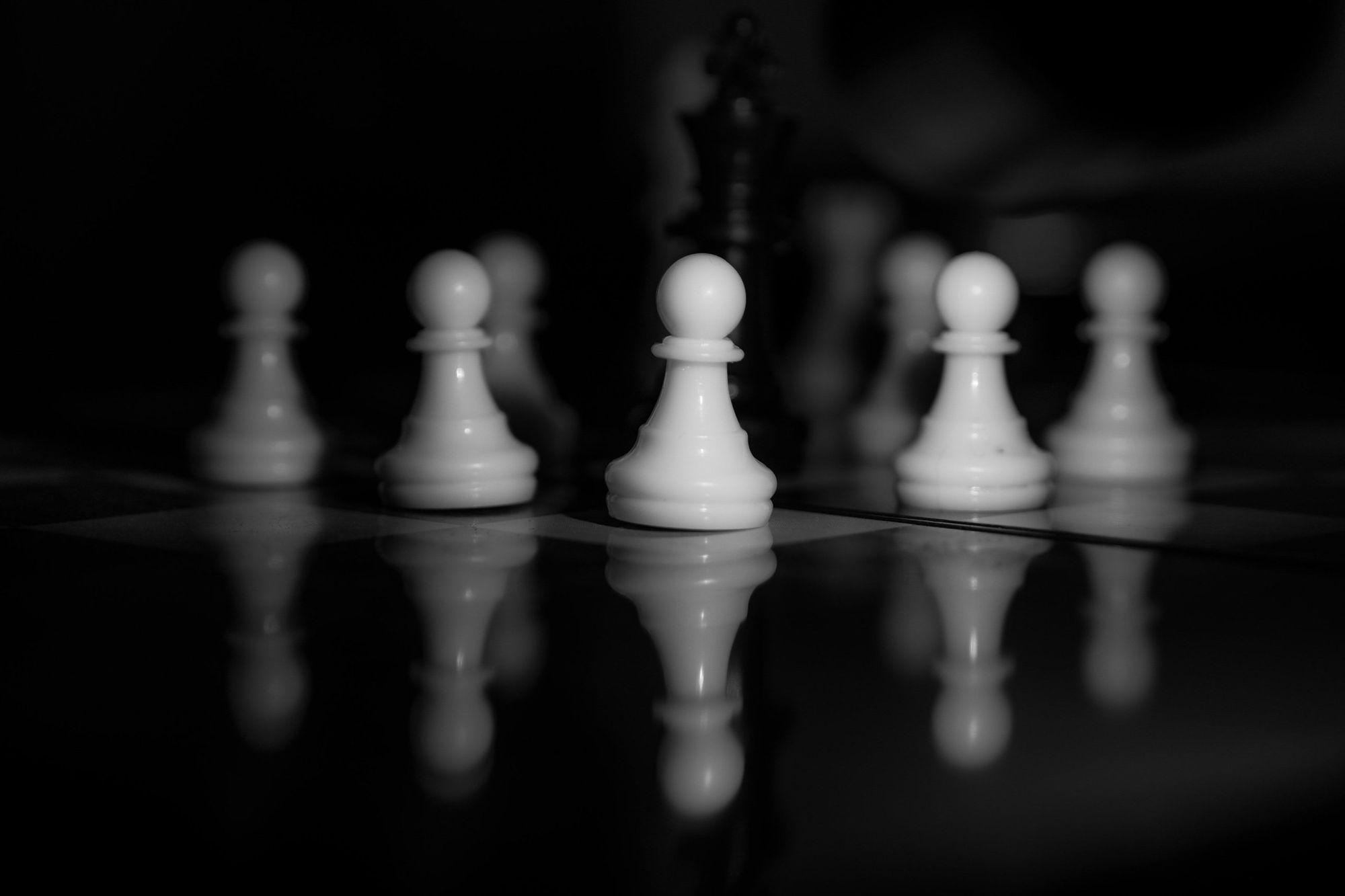 Chess pawns lined up on a reflective board