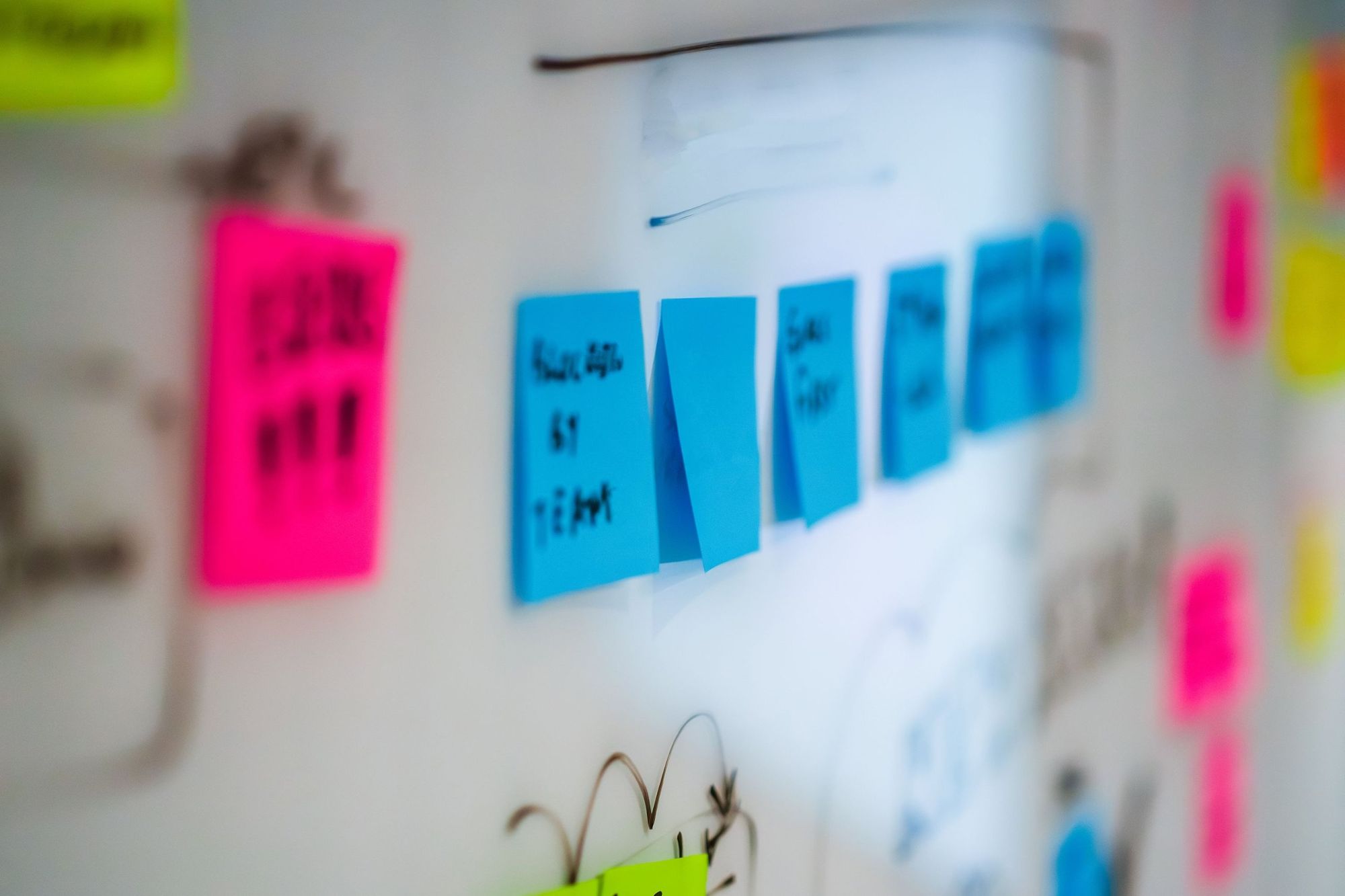 Sticky notes grouped on a whiteboard during a working session